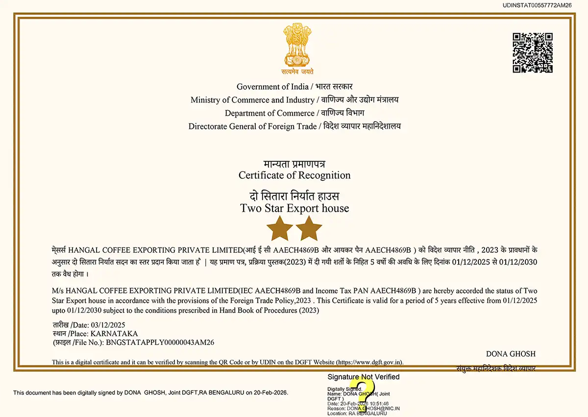 Government of India Two Star Export House Certificate for Hangal Coffee